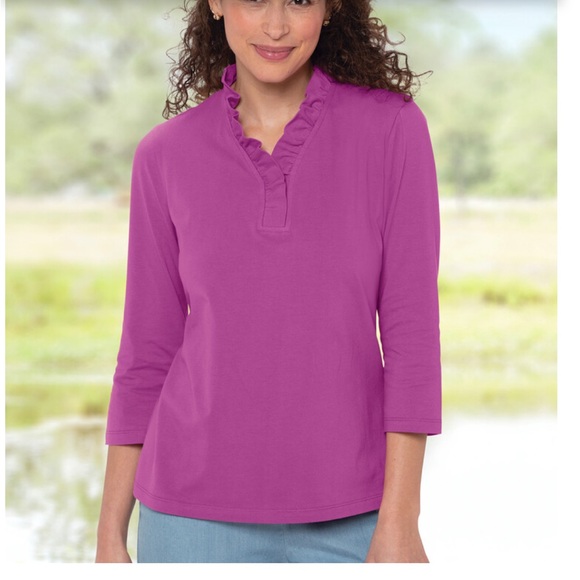 Appleseed's Tops - EUC Appleseed’s Light Pink Quarter Sleeve Solid Ruffle V-Neck Tee